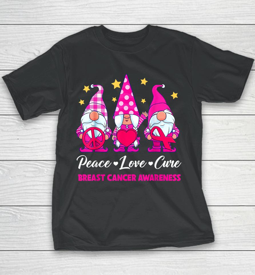 Gnome Peace Love Cure Pink Ribbon Breast Cancer Awareness Youth T-Shirt
