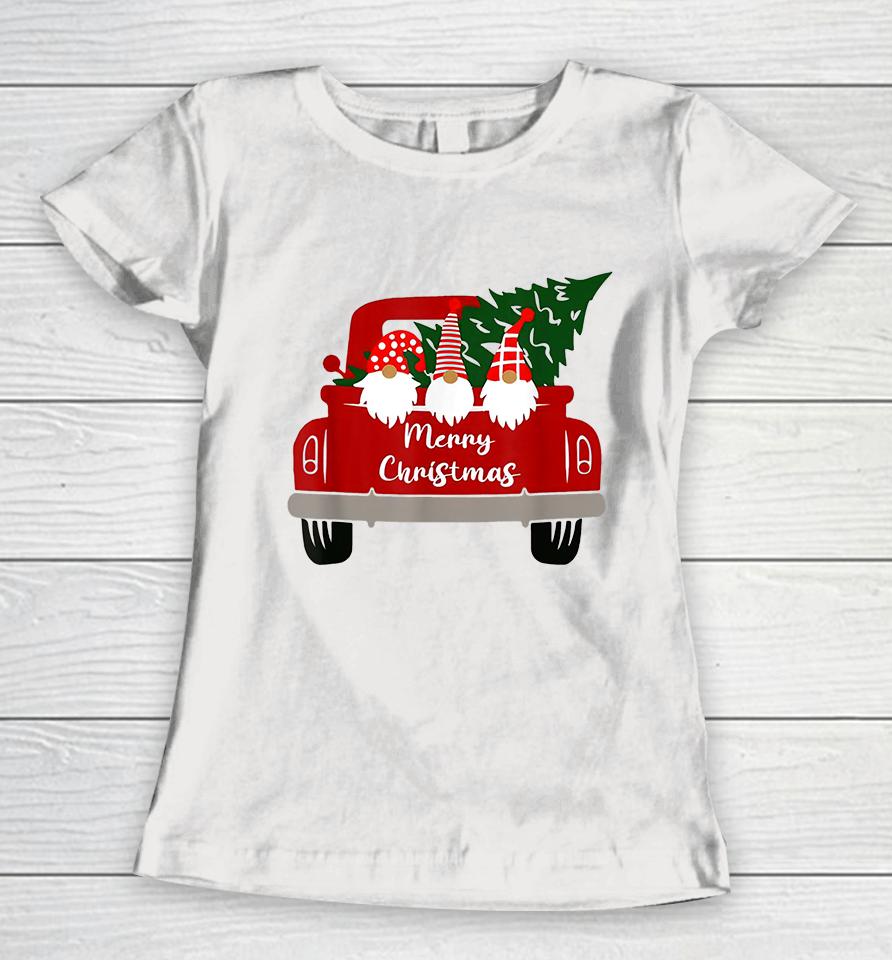 Gnome Red Truck Merry Christmas Women T-Shirt
