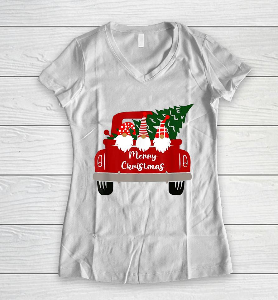 Gnome Red Truck Merry Christmas Women V-Neck T-Shirt