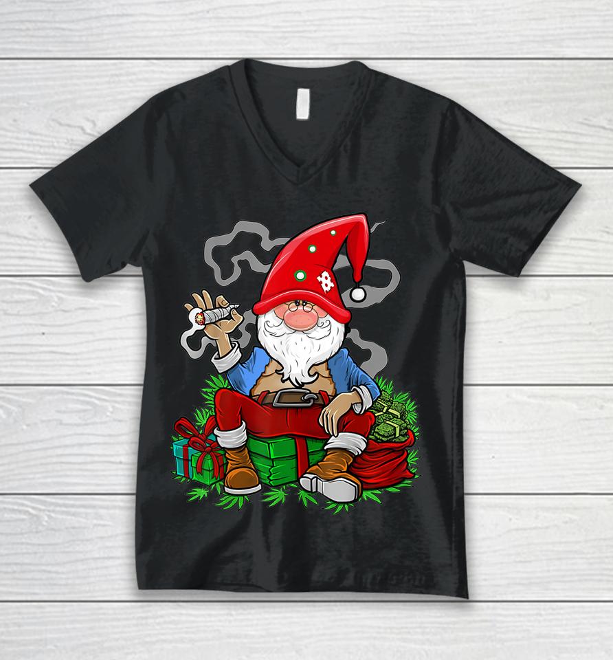 Gnome Smoking Cannabis Christmas Funny Weed 420 Xmas Unisex V-Neck T-Shirt