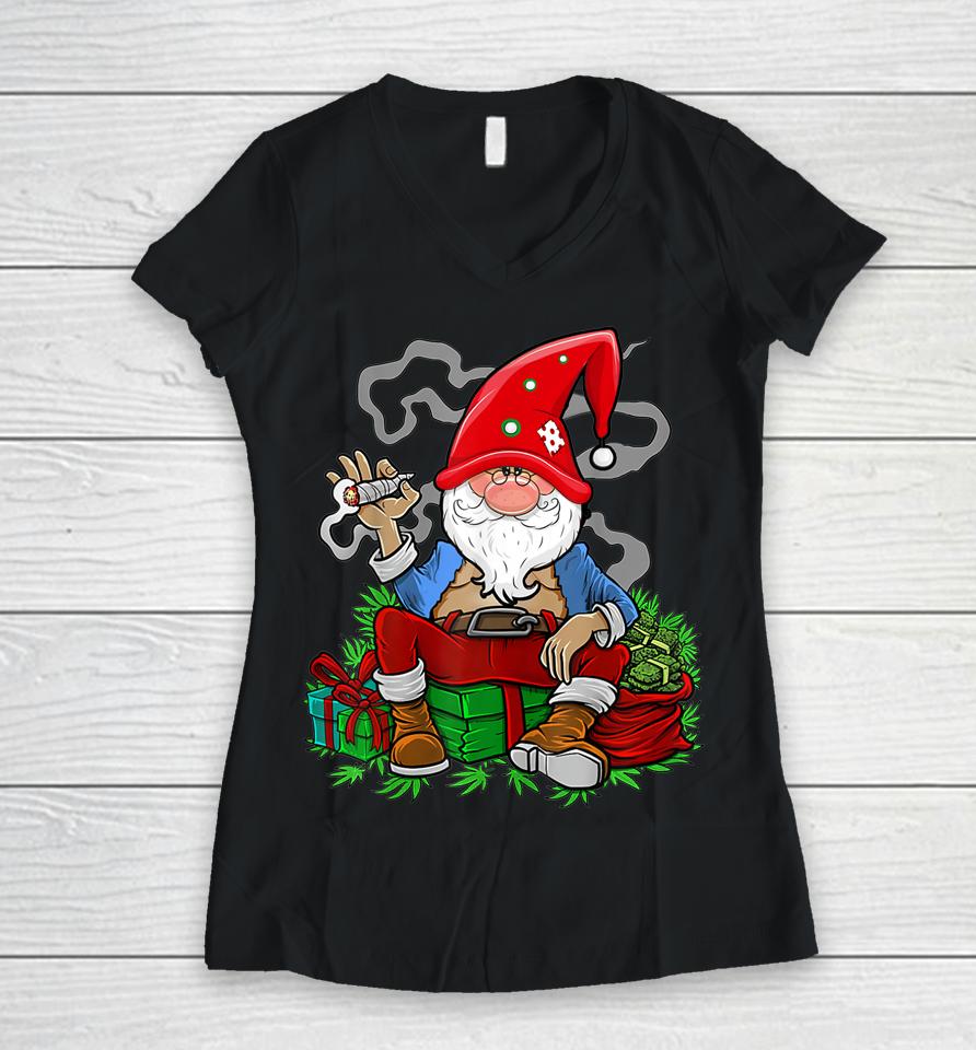Gnome Smoking Cannabis Christmas Funny Weed 420 Xmas Women V-Neck T-Shirt