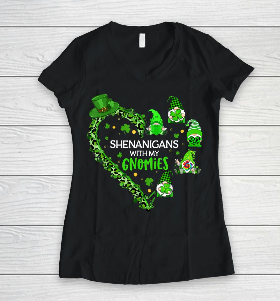 Gnome St Patrick's Day Shenanigans With My Gnomies Shamrock Women V-Neck T-Shirt