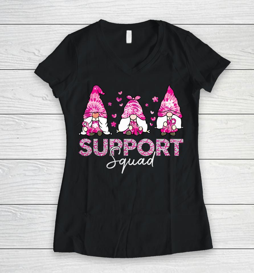 Gnome Support Squad Breast Cancer Awareness Pink Tie Dye Women V-Neck T-Shirt