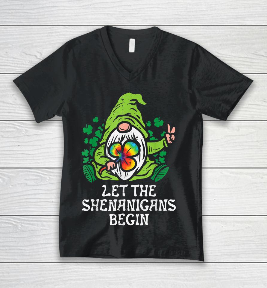 Gnome Tie Dye Shamrock Let Shenanigans Begin St Patricks Day Unisex V-Neck T-Shirt
