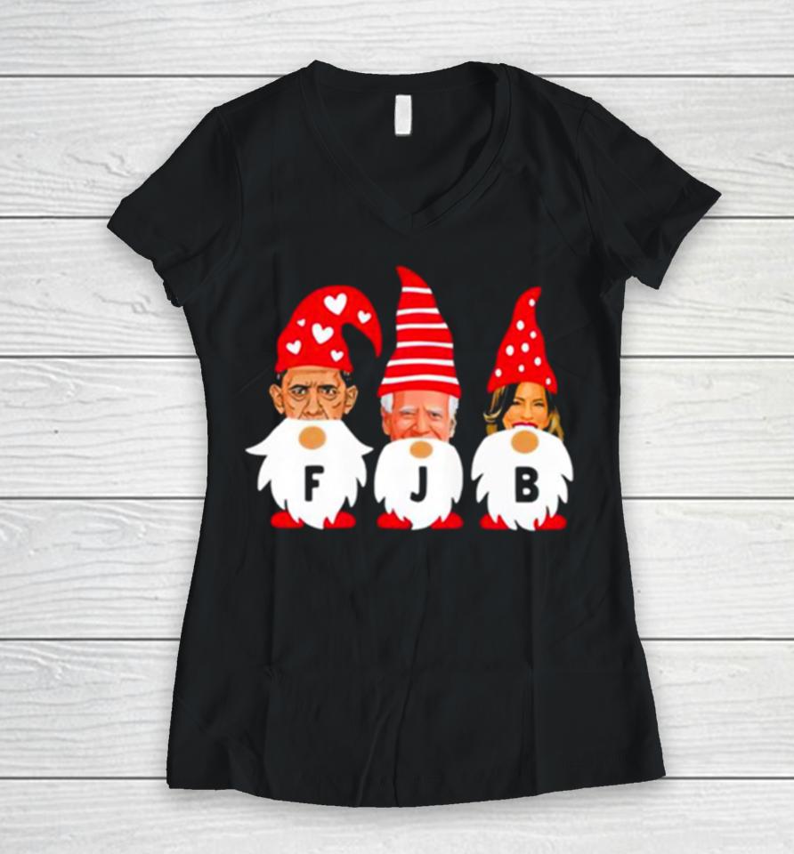 Gnomes Barack Obama Joe Biden And Kamala Harris Fjb Christmas Women V-Neck T-Shirt