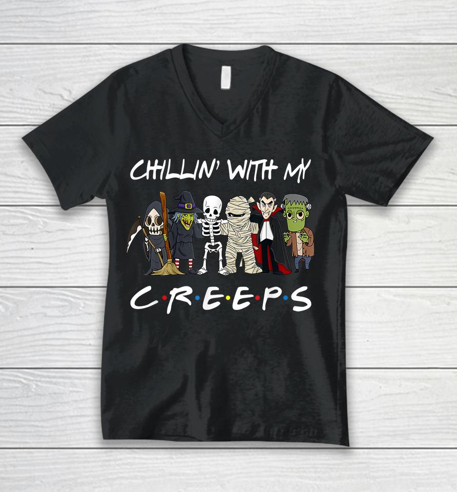 Gnomes Chillin With My Creeps Halloween Unisex V-Neck T-Shirt
