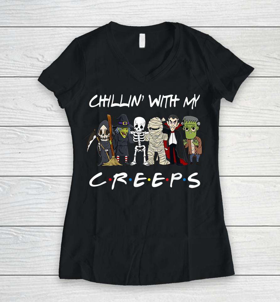 Gnomes Chillin With My Creeps Halloween Women V-Neck T-Shirt