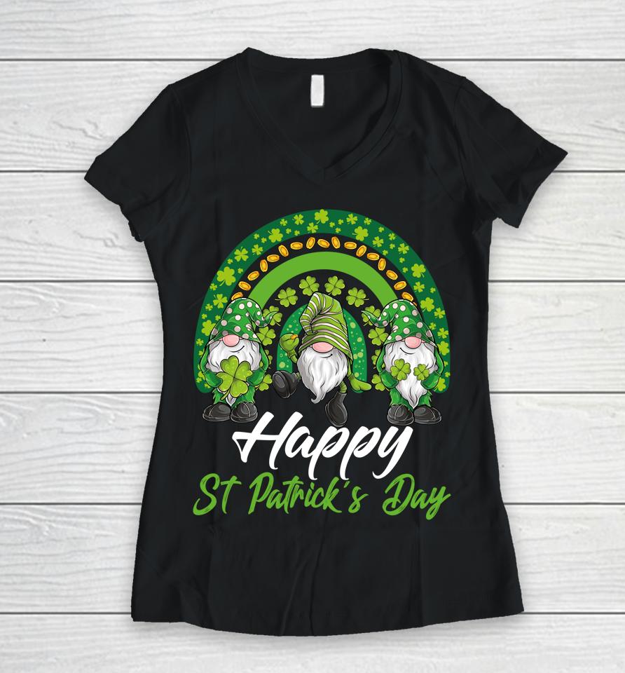 Gnomes Happy St Patrick's Lucky Irish Rainbow Women V-Neck T-Shirt