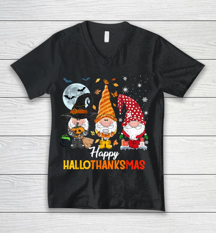 Gnomes Lover Halloween Merry Christmas Happy Hallothanksmas Unisex V-Neck T-Shirt