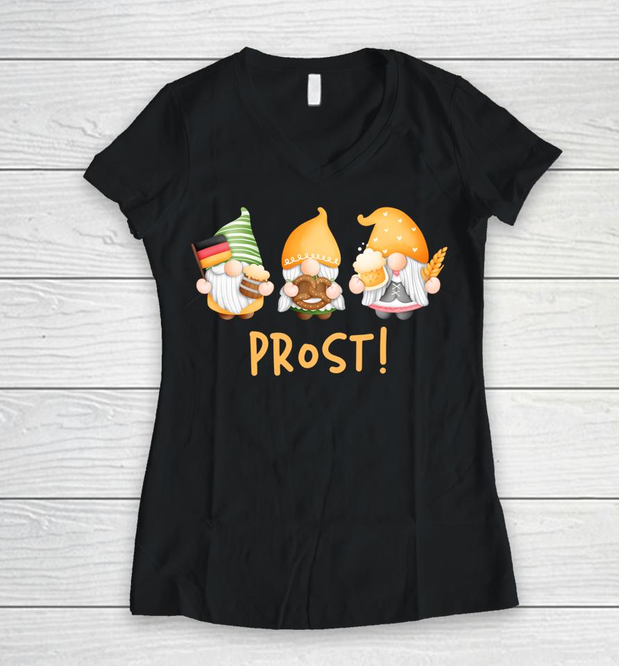 Gnomes Oktoberfest Prost Beer Pretzel German Flag Women V-Neck T-Shirt