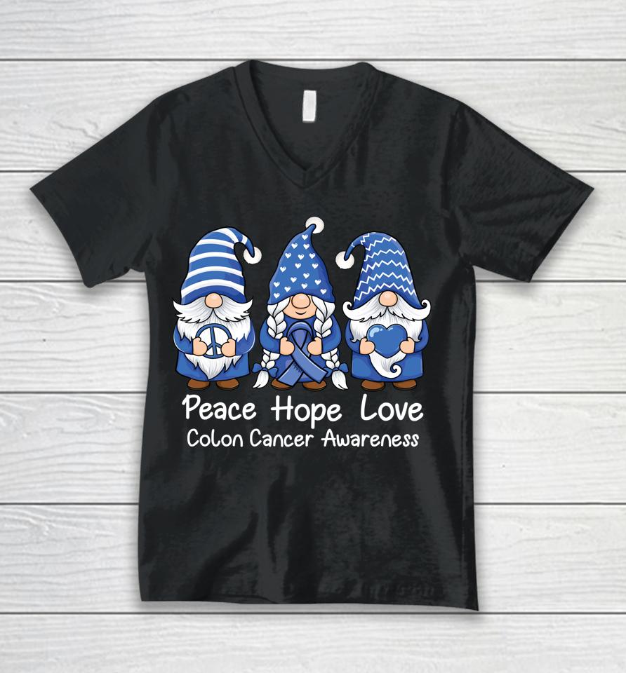Gnomes Peace Hope Love Colon Cancer Awareness Unisex V-Neck T-Shirt