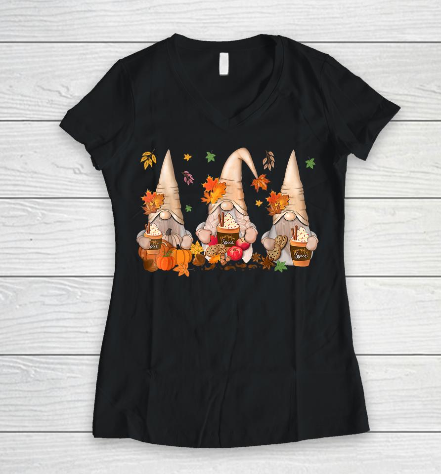 Gnomes Pumpkin Spice Coffee Latte Fall Autumn Thanksgiving Women V-Neck T-Shirt