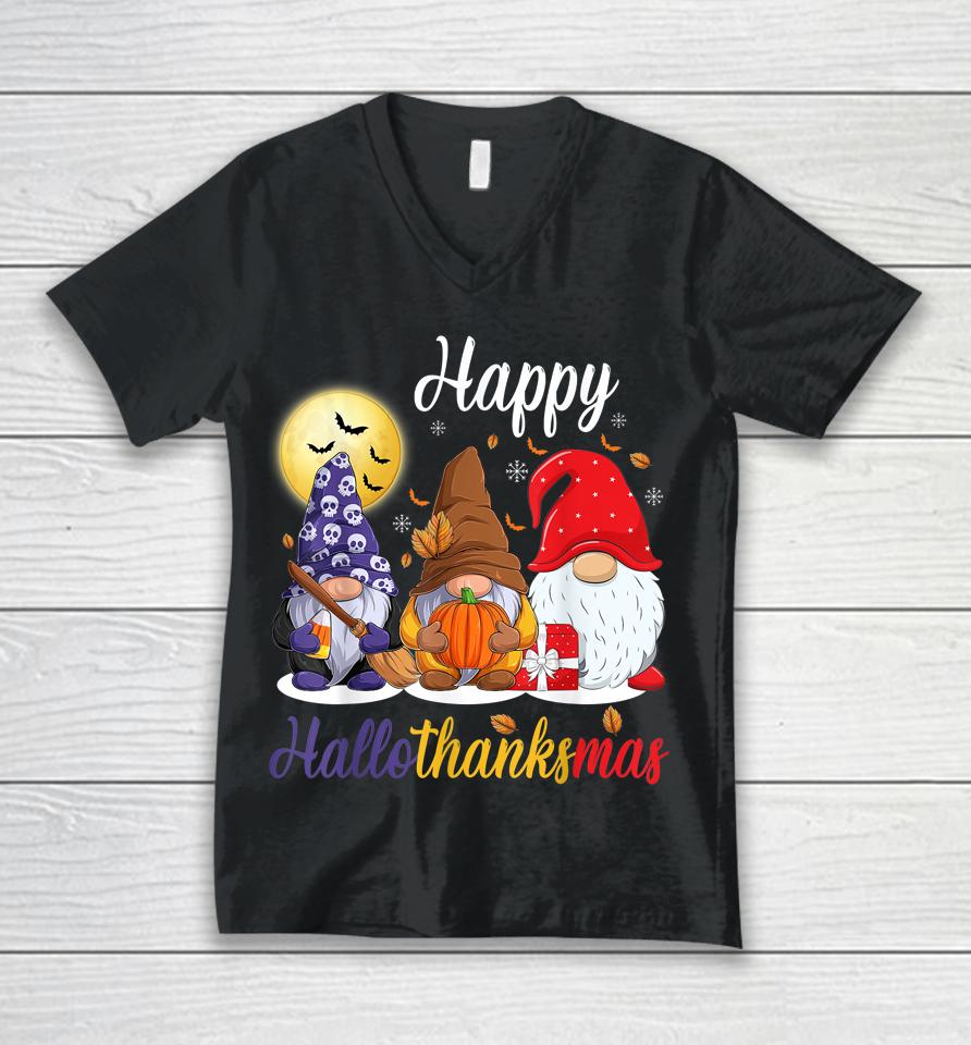 Gnomes Thanksgiving Halloween Christmas Happy Hallothanksmas Unisex V-Neck T-Shirt