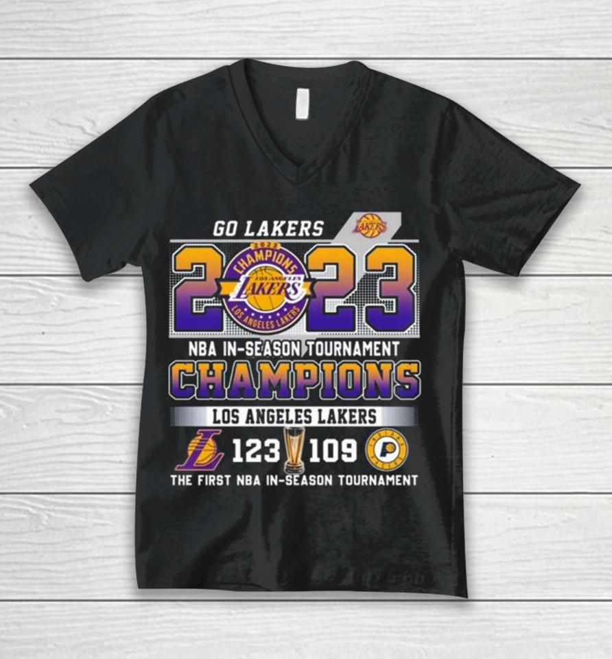 Go Lakers 2023 Nba In Season Tournament Champions Los Angeles Lakers 123 – 109 Indiana Pacers The First Nba In Season Tournament Unisex V-Neck T-Shirt