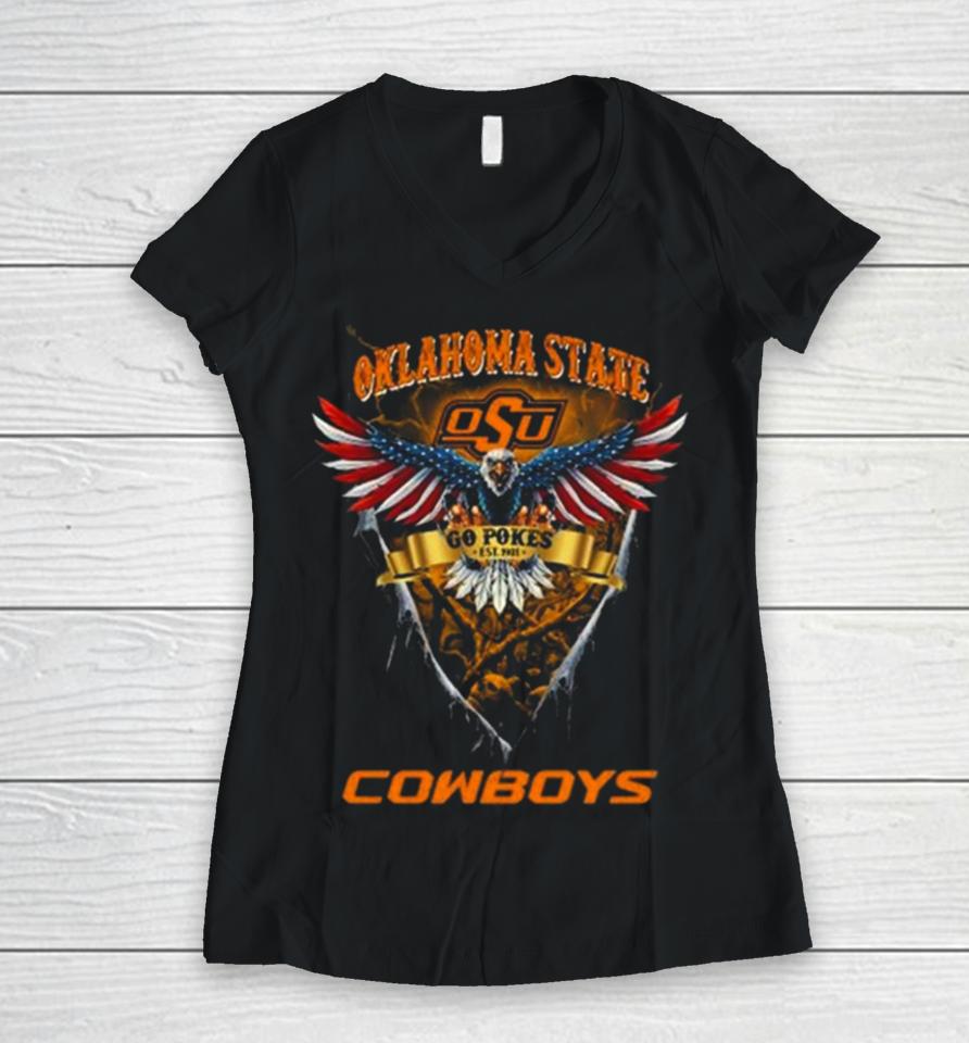 Go Pokes Oklahoma State Cowboys Football Us Eagle Women V-Neck T-Shirt