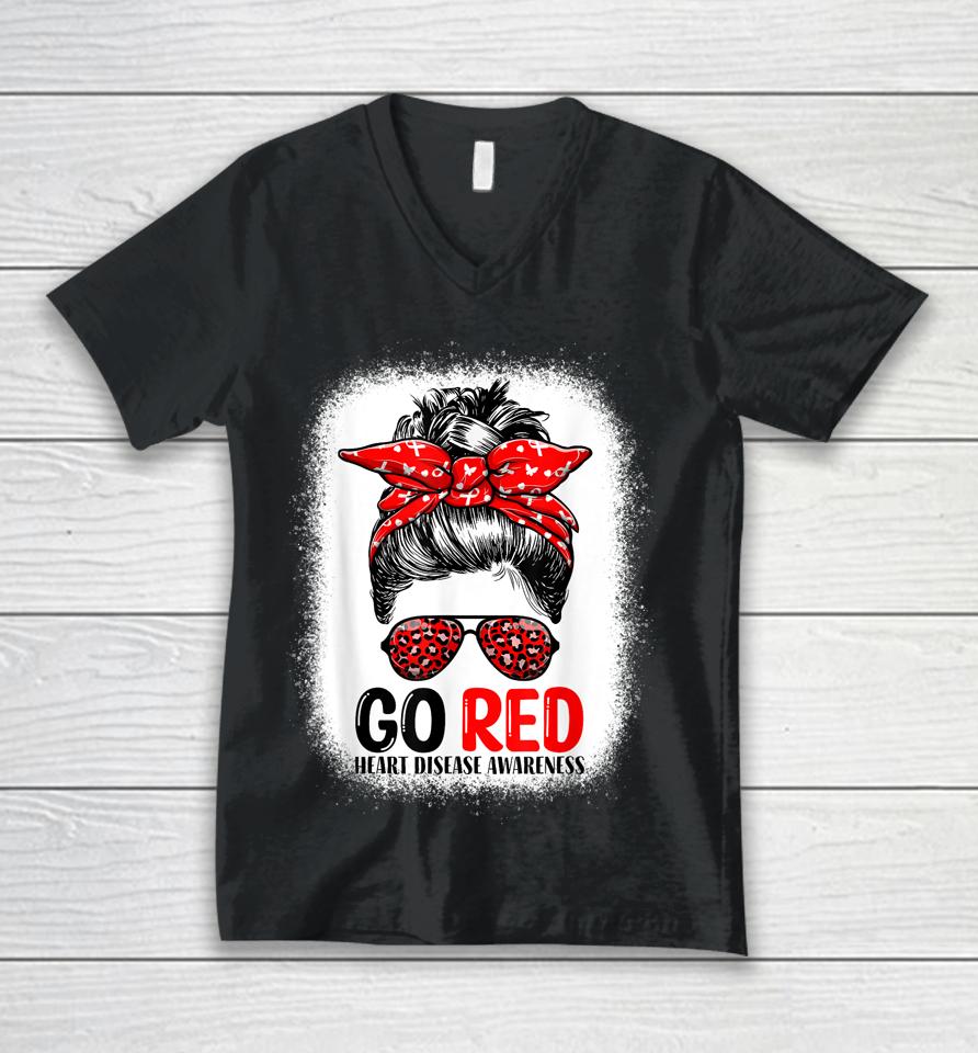 Go Red Messy Bun In February Heart Disease Awareness Unisex V-Neck T-Shirt