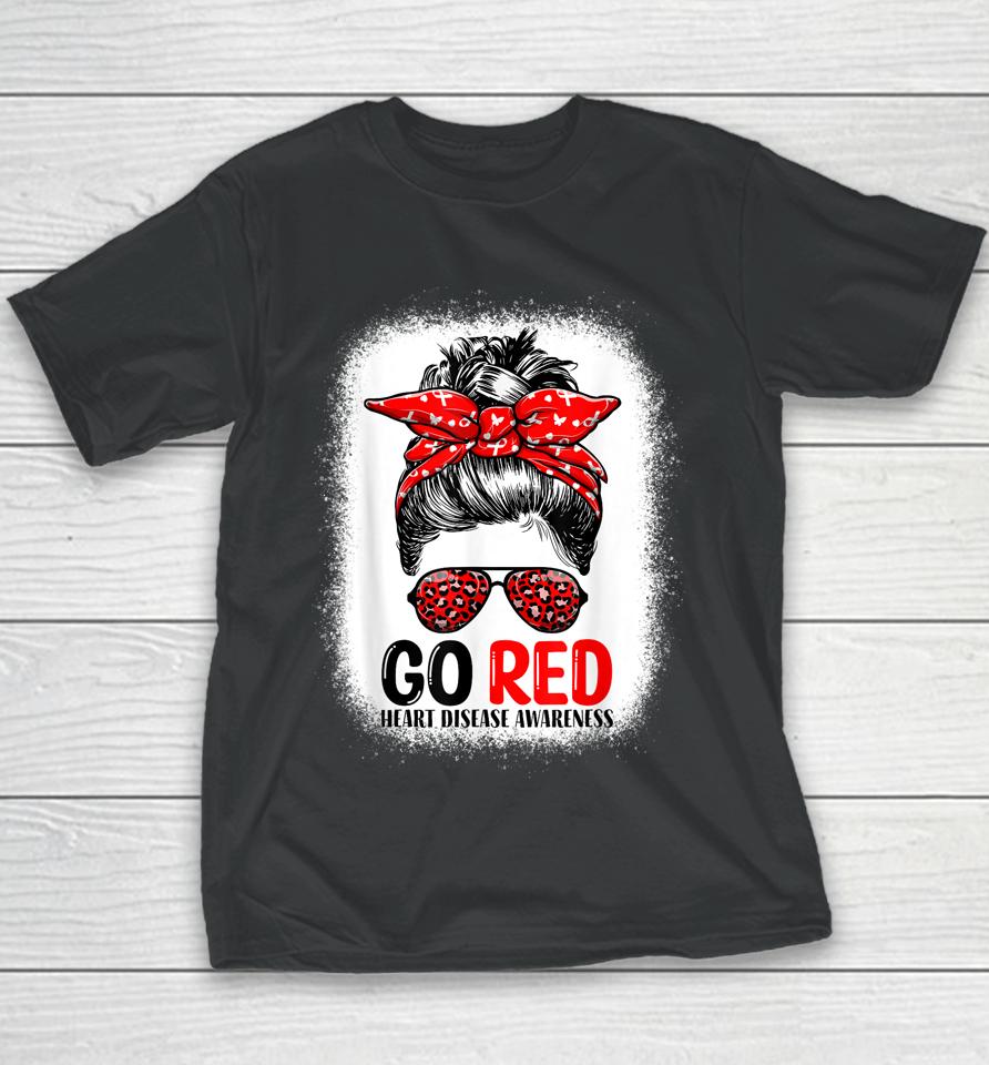 Go Red Messy Bun In February Heart Disease Awareness Youth T-Shirt