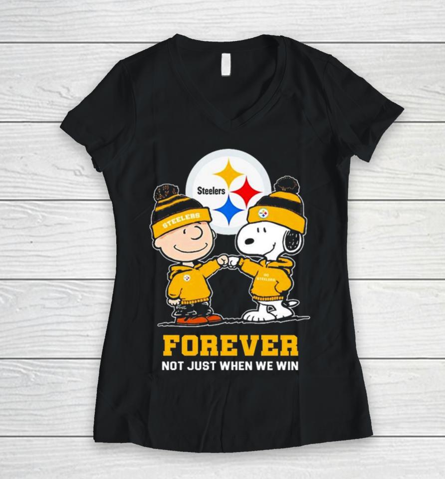 Go Steelers Peanuts Snoopy And Charlie Brown Pittsburgh Steelers Forever Not Just When We Win 2024 Women V-Neck T-Shirt