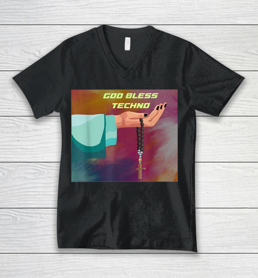 God Bless Techno Unisex V-Neck T-Shirt