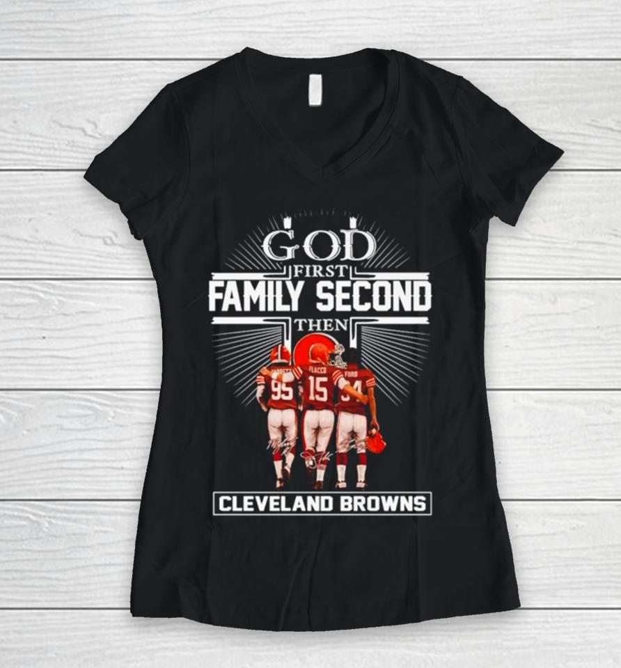 God First Family Second Then Cleveland Browns Signatures Women V-Neck T-Shirt
