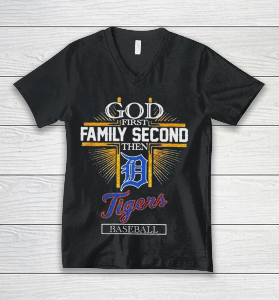 God First Family Second Then Detroit Tigers Baseball Glitter 2024 Unisex V-Neck T-Shirt
