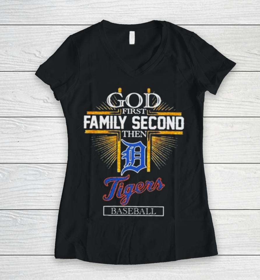 God First Family Second Then Detroit Tigers Baseball Glitter 2024 Women V-Neck T-Shirt