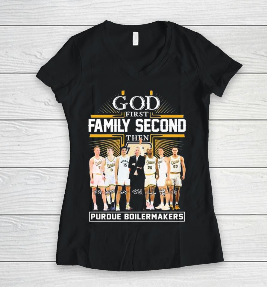 God First Family Second Then Purdue Boilermakers Basketball 2023 2024 Signatures Women V-Neck T-Shirt