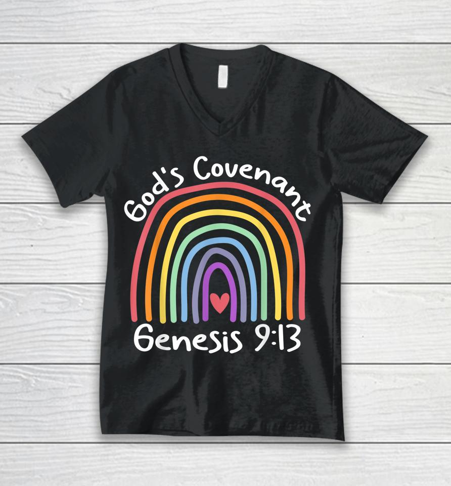 God’s Covenant Rainbow Genesis 9 13 Christian Jesus Bible Unisex V-Neck T-Shirt