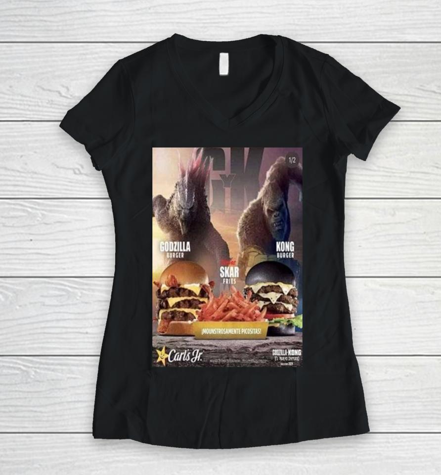 Godzilla And Kong Get Their Own Burgers At Carl’s Jr With Godzilla Burger And Kong Burger Fight With Skar King Frie Women V-Neck T-Shirt