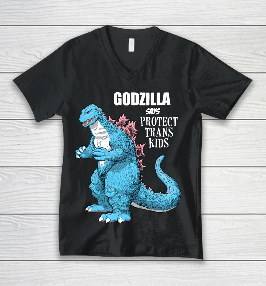Godzilla Says Protect Trans Kids Unisex V-Neck T-Shirt