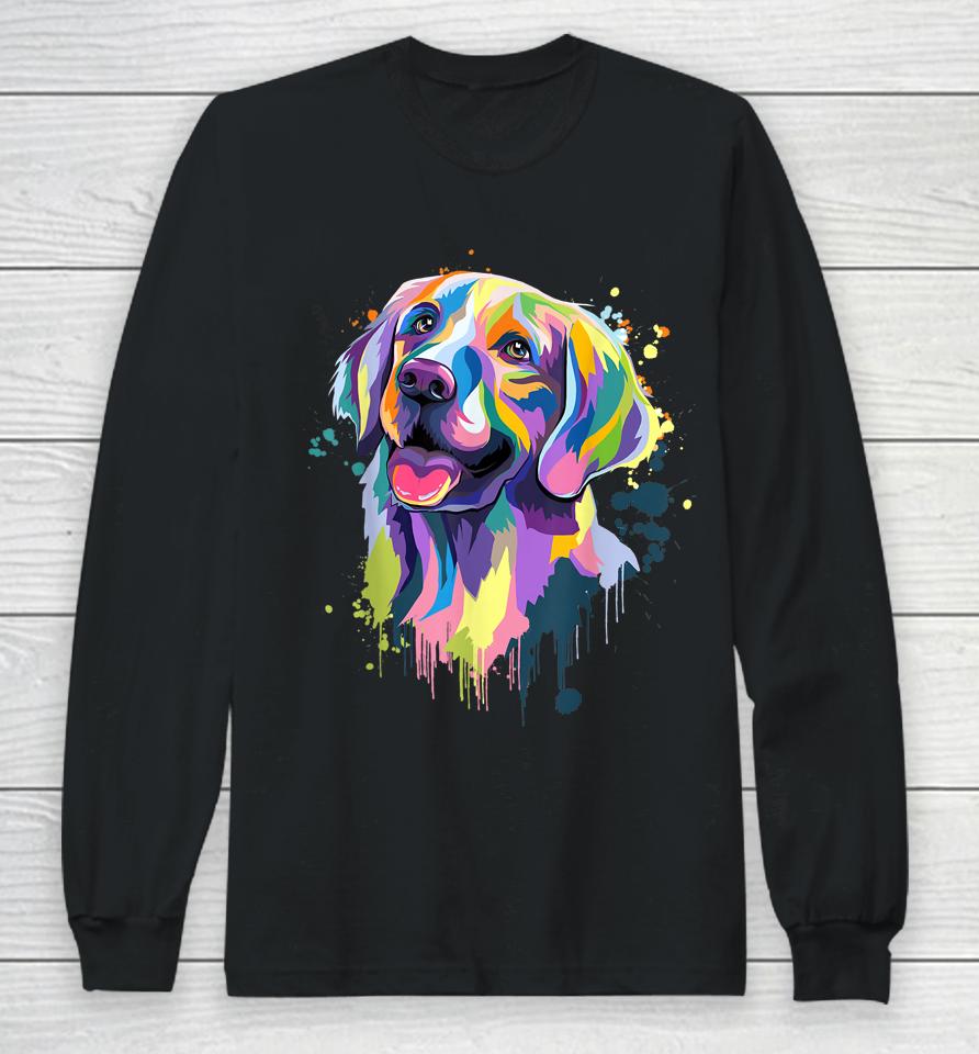 Golden Retriever Dog Face Watercolor Colorful Pop Splash Art Long Sleeve T-Shirt
