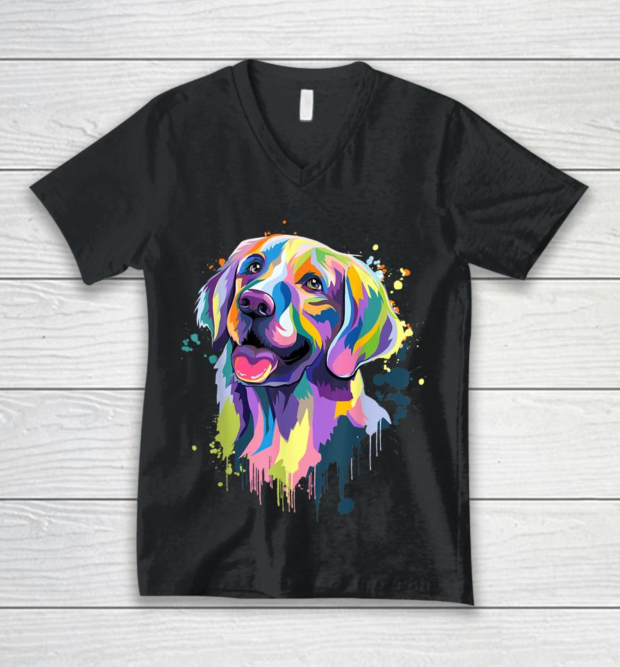 Golden Retriever Dog Face Watercolor Colorful Pop Splash Art Unisex V-Neck T-Shirt