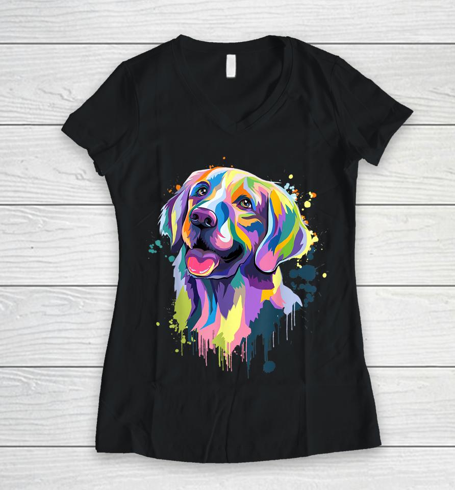 Golden Retriever Dog Face Watercolor Colorful Pop Splash Art Women V-Neck T-Shirt