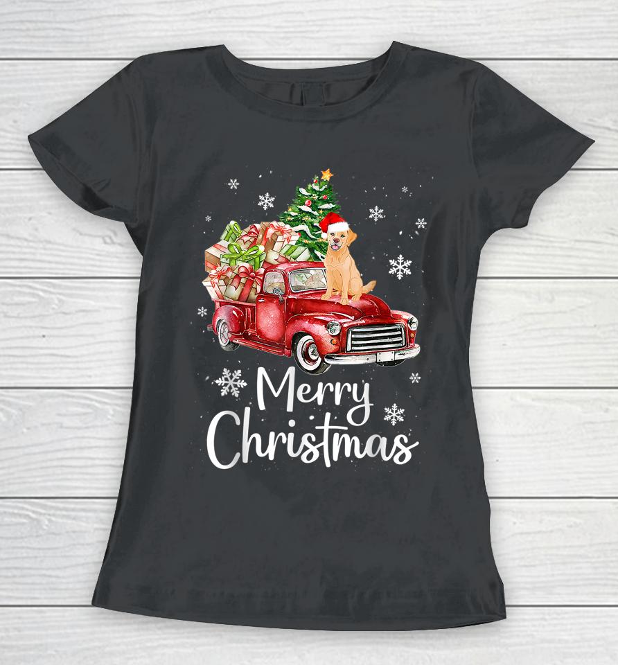 Golden Retriever Dog Riding Red Truck Christmas Tree Xmas Women T-Shirt