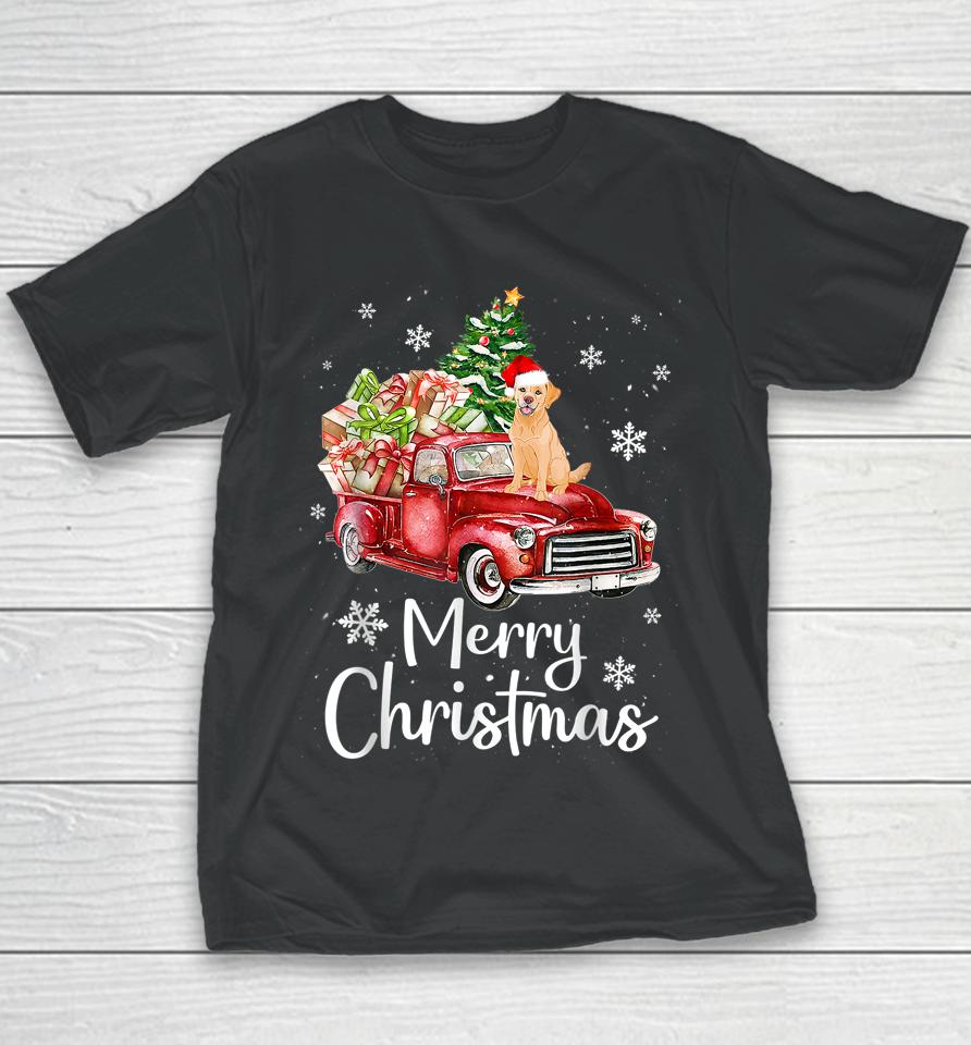 Golden Retriever Dog Riding Red Truck Christmas Tree Xmas Youth T-Shirt