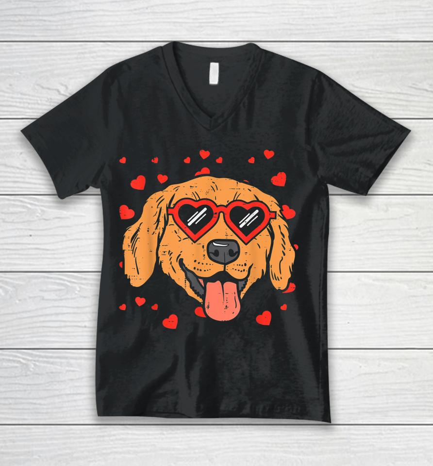 Golden Retriever Face Heart Glasses Valentines Day Dog Unisex V-Neck T-Shirt