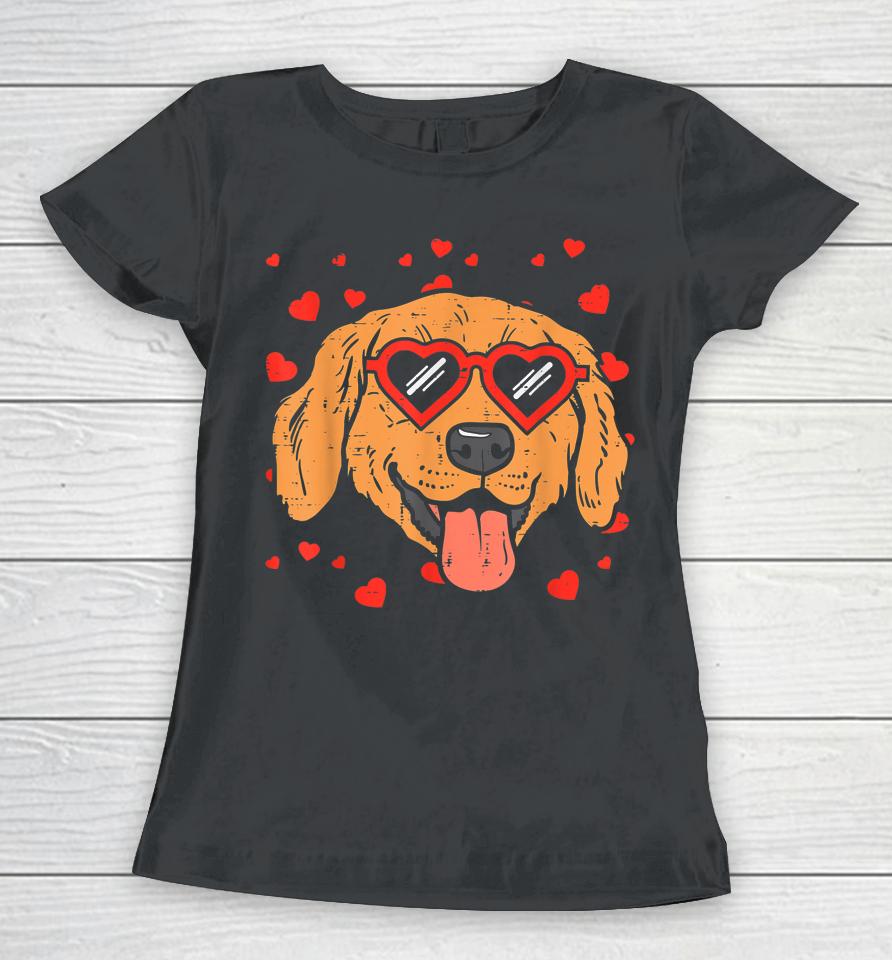 Golden Retriever Face Heart Glasses Valentines Day Dog Women T-Shirt