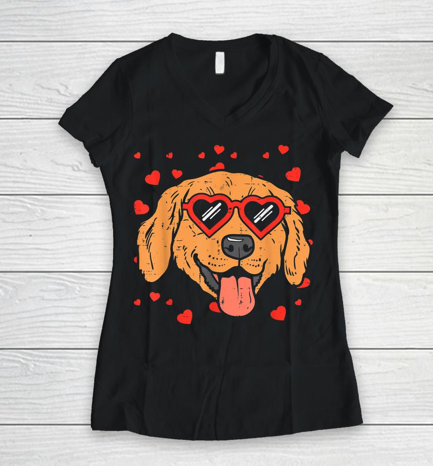 Golden Retriever Face Heart Glasses Valentines Day Dog Women V-Neck T-Shirt