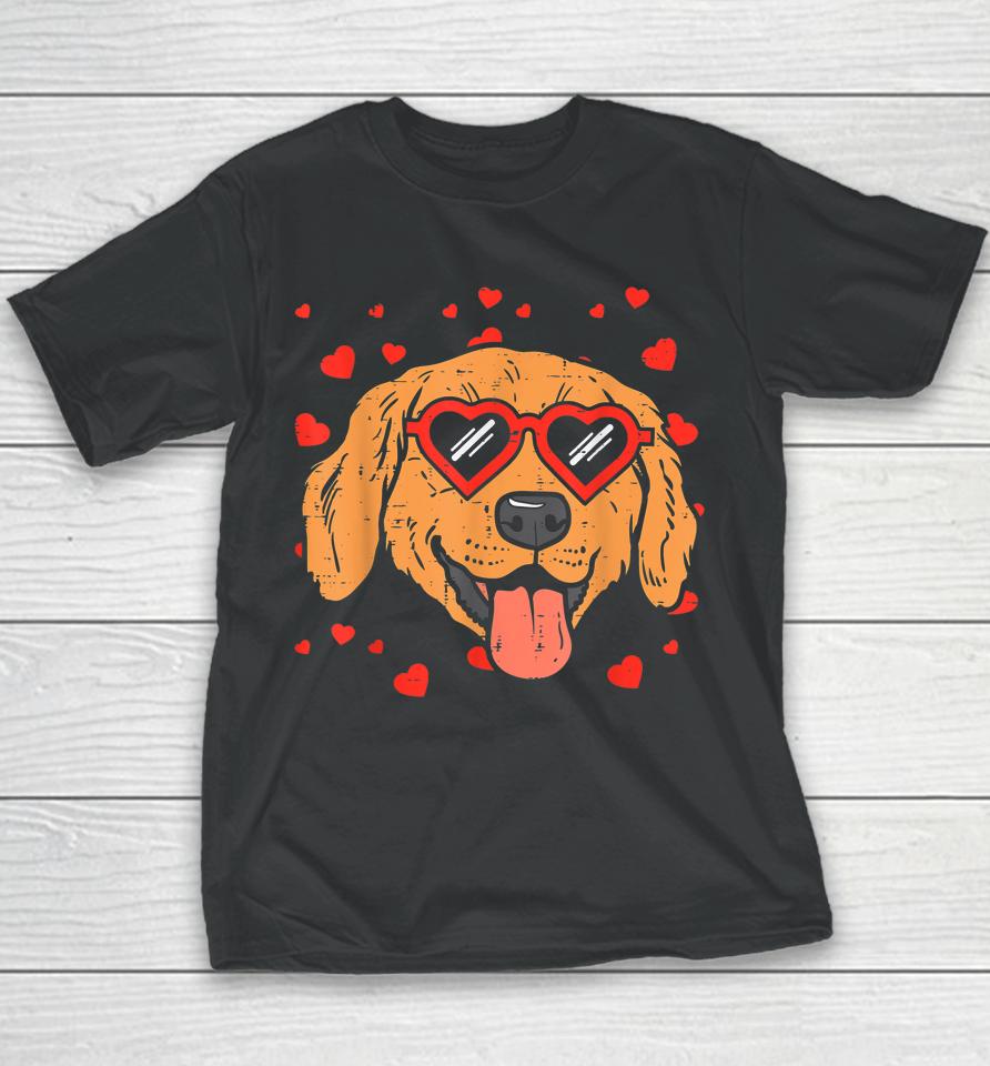 Golden Retriever Face Heart Glasses Valentines Day Dog Youth T-Shirt