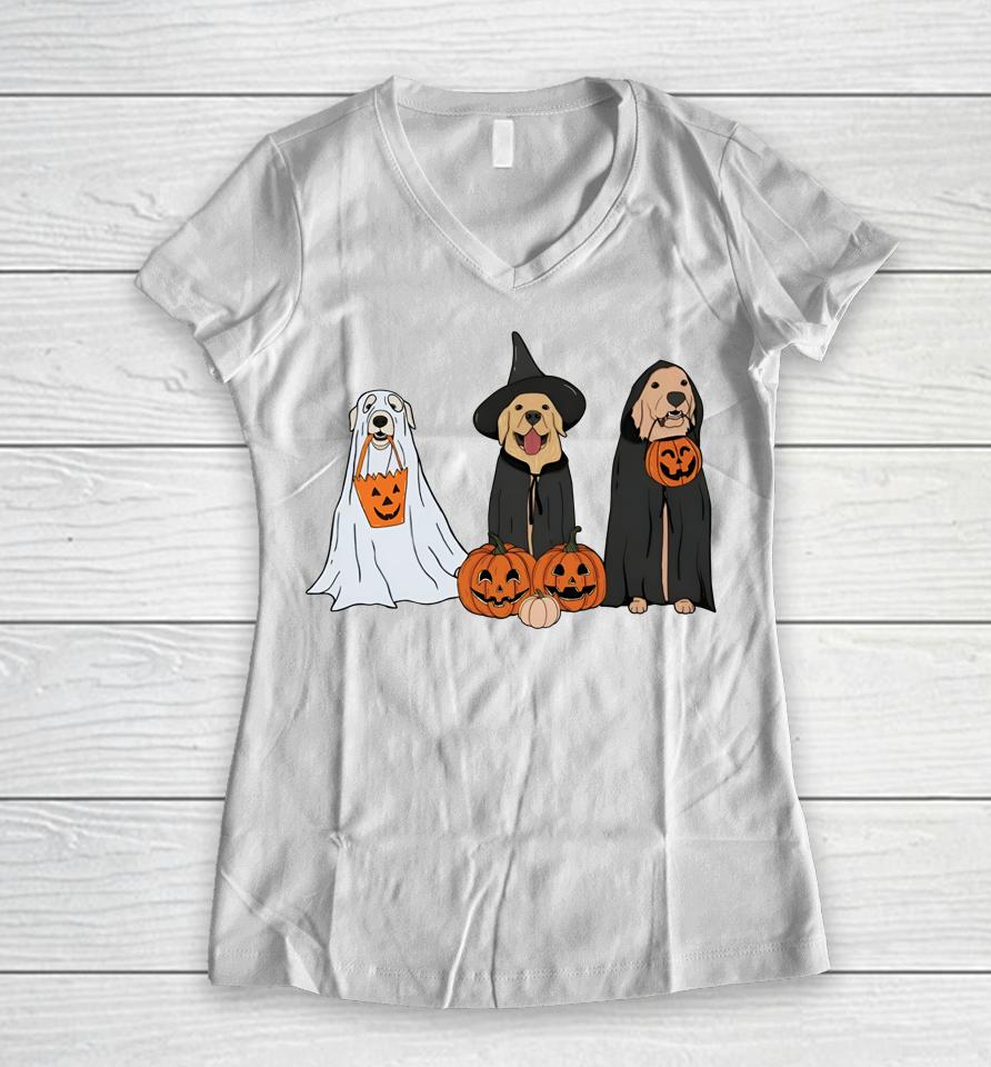 Golden Retriever Ghost Halloween Trick Or Treat Dog Lovers Women V-Neck T-Shirt
