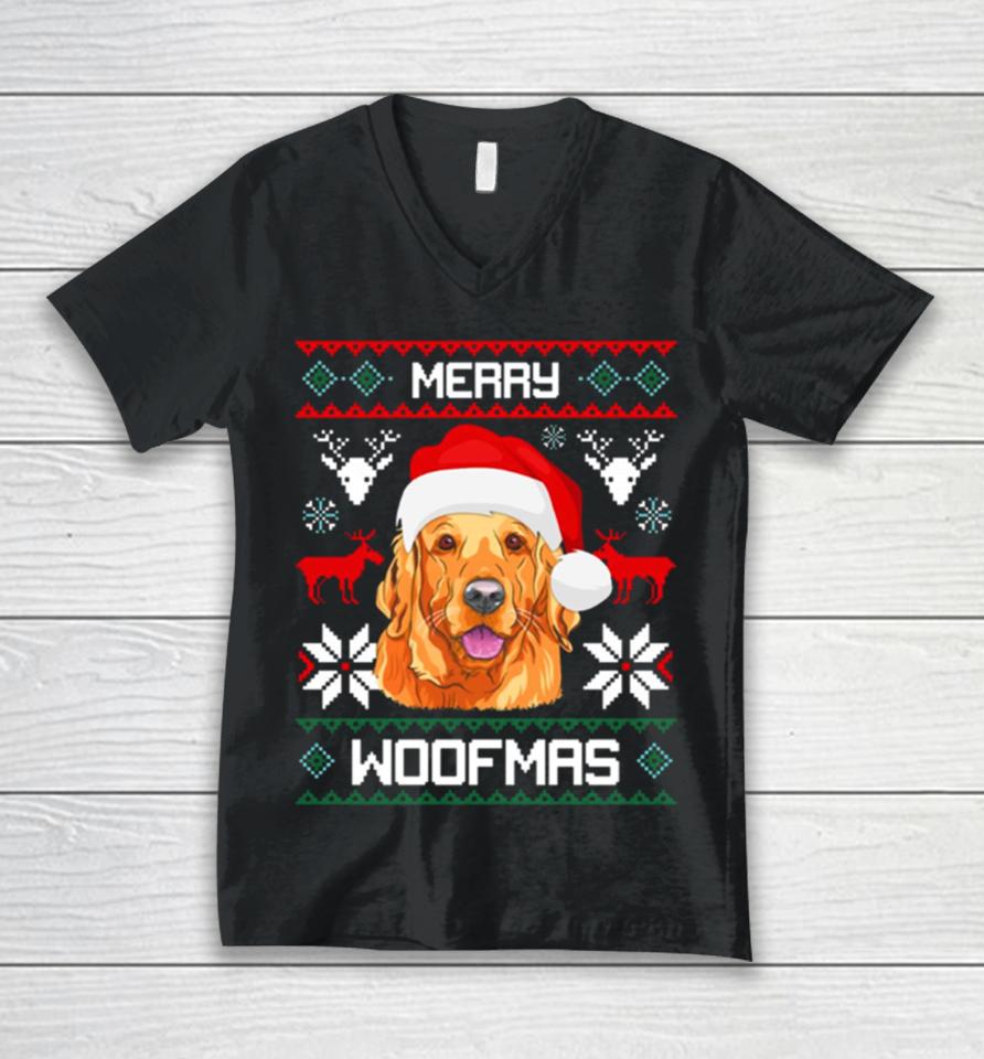 Golden Retriever Merry Woofmas Christmas Goldie Dog Unisex V-Neck T-Shirt
