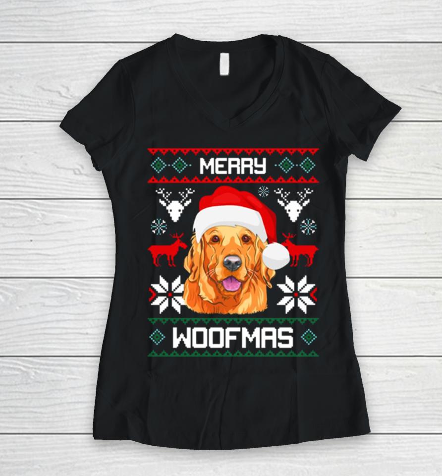 Golden Retriever Merry Woofmas Christmas Goldie Dog Women V-Neck T-Shirt