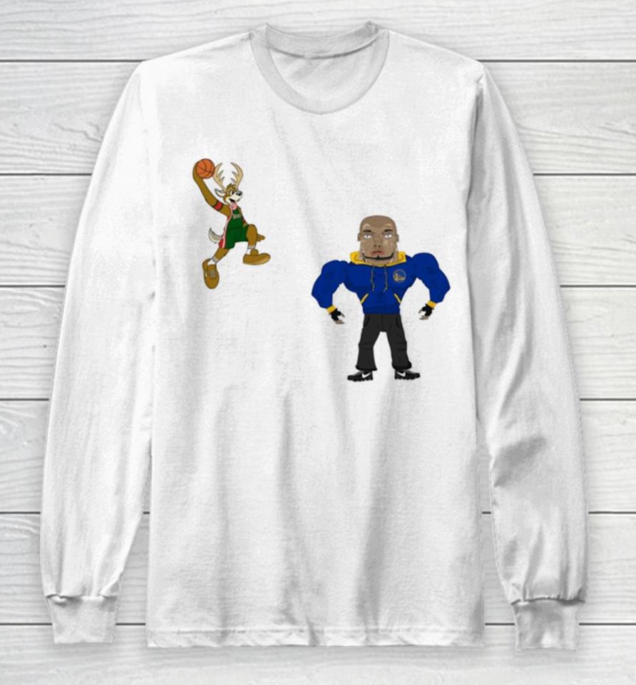 Golden State Warriors Vs Milwaukee Bucks Nba 2024 Mascot Cartoon Long Sleeve T-Shirt