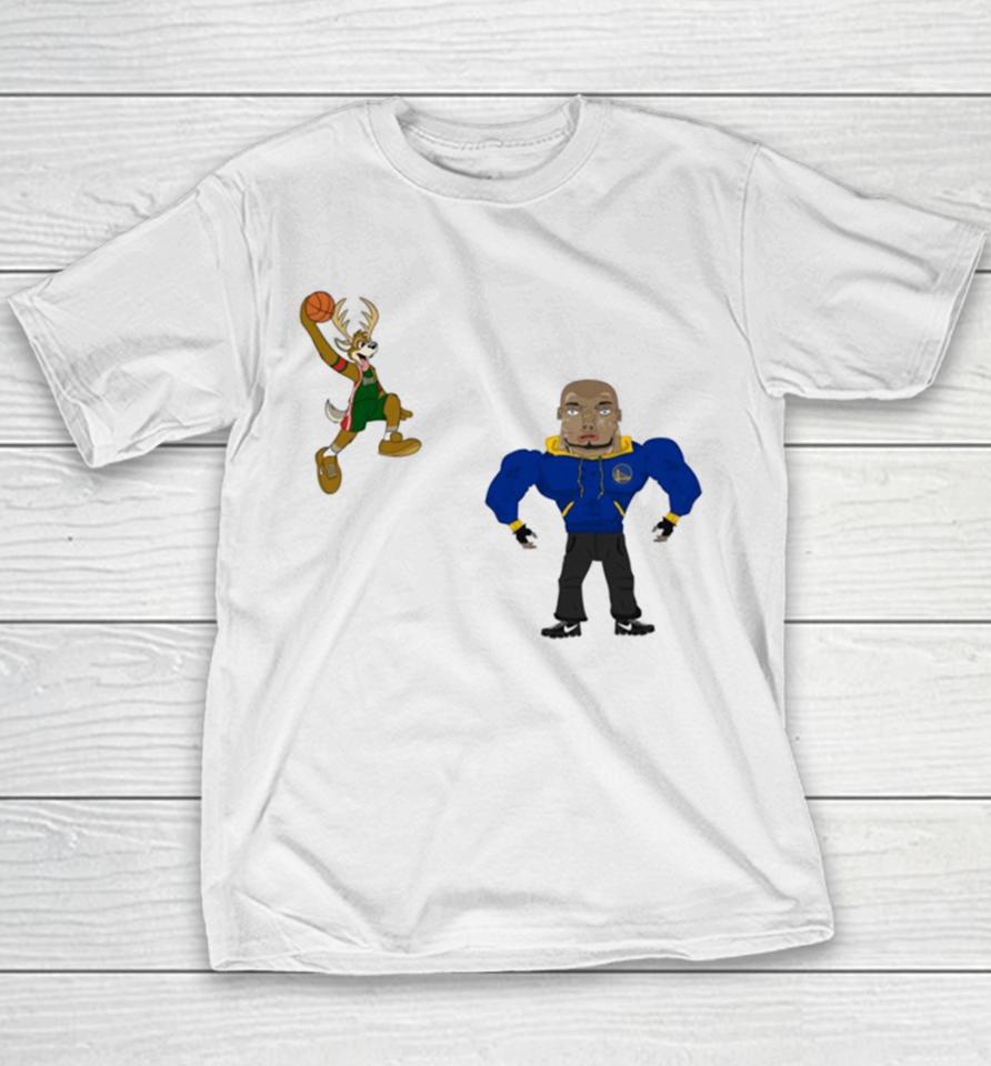 Golden State Warriors Vs Milwaukee Bucks Nba 2024 Mascot Cartoon Youth T-Shirt