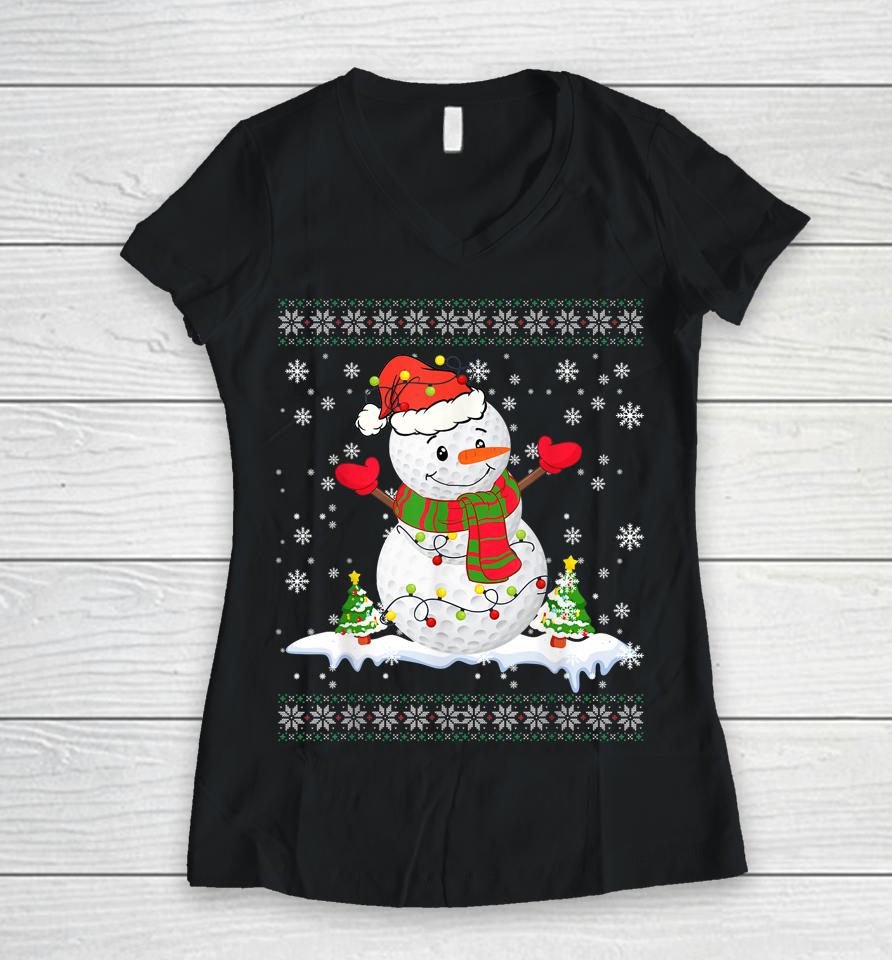 Golf Snowman Christmas Pajama Ugly Tee Sport Ball Women V-Neck T-Shirt