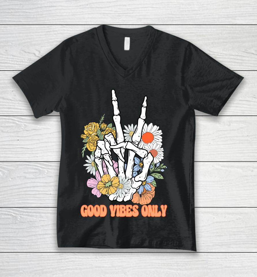Good Vibes Only Floral Skeleton Hand Fall Autumn Halloween Unisex V-Neck T-Shirt