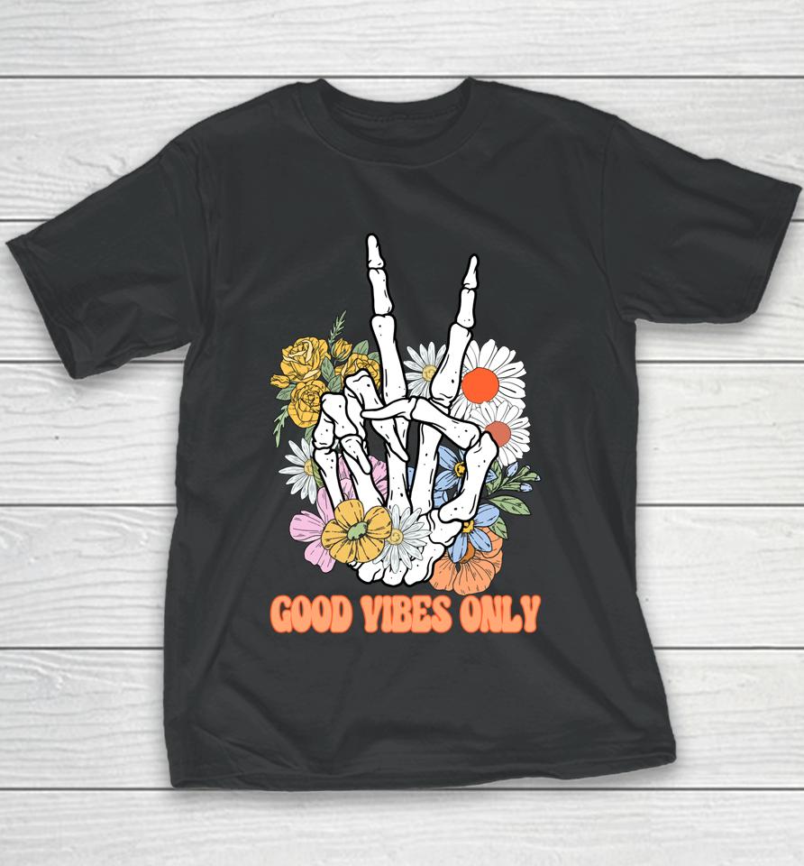Good Vibes Only Floral Skeleton Hand Fall Autumn Halloween Youth T-Shirt