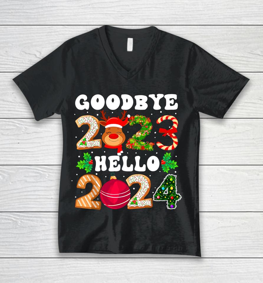 Goodbye 2023 Hello 2024 Happy New Year Funny Christmas Xmas Unisex V-Neck T-Shirt