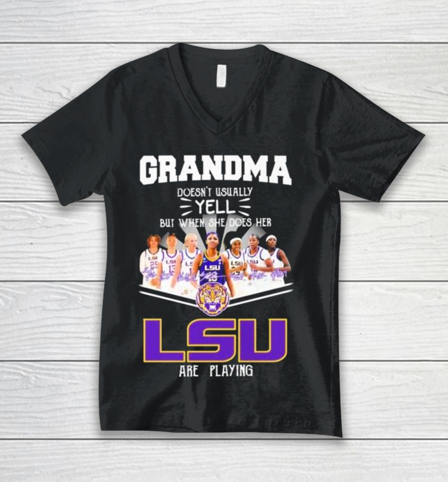 Grandma Doesn’t Usually Yell But When She Does Her Lsu Tigers Women’s Basketball Are Playing Signatures Unisex V-Neck T-Shirt