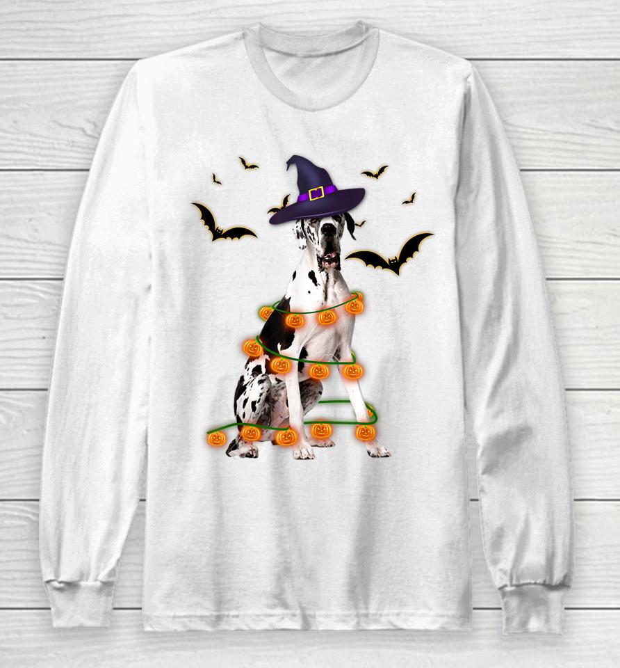 Great Dane Wizard Hat Tree Lights Pumpkin Funny Halloween Long Sleeve T-Shirt